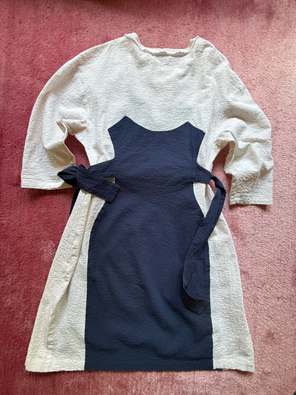 Navy and White Tie-Waist Colorblock Dress - Picture 2 of 6